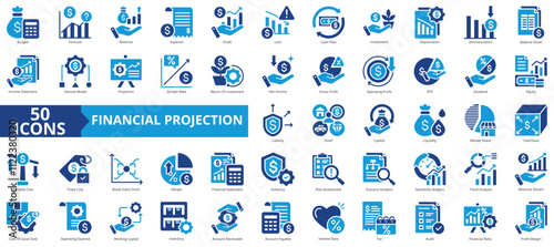 Financial projection icon collection set. Containing budget, forecast, revenue, expense, profit, loss, cashflow, investment, depreciation icon. Simple flat vector illustration.