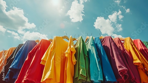 Vibrant stack colorful clothes arranged at an outdoor market under a sunny sky