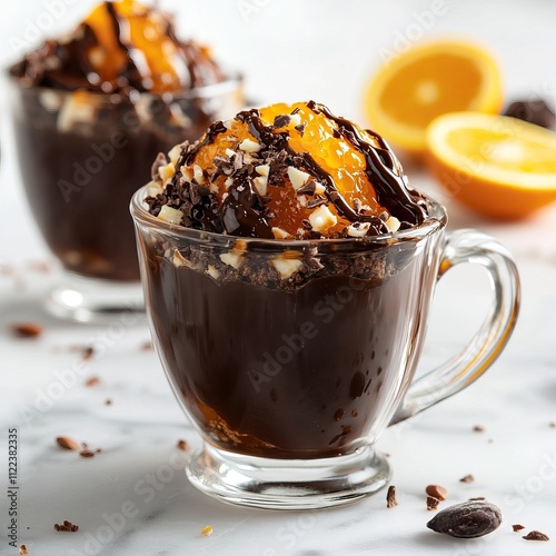 Closeup chocolate orange mug cake with marmalade, blurred background, space for text