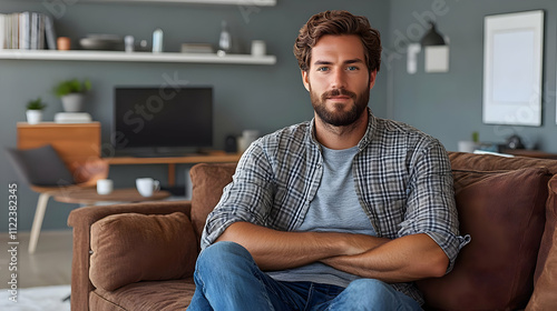 Man Relaxing on Sofa, Peaceful Home, Comfortable Living Room, Serene Atmosphere, Calm Mood, Relaxed Posture, Casual Clothing, Modern Interior, Home Comfort, Tranquil Setting, Weekend Relaxation. photo