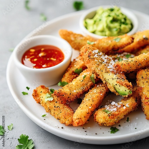 Closeup crispy avocado fries with hot sauce, blurred background, space for text