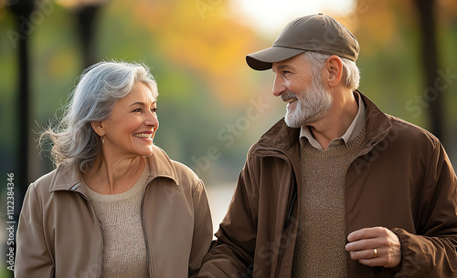 Elderly couple enjoying a leisurely walk in a park, surrounded by autumn colors, exchanging warm smiles and conversation on a beautiful fall day. photo