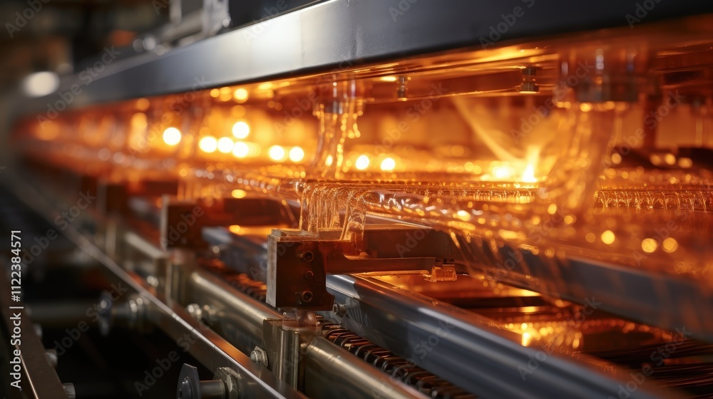 A Close-up of a Conveyor Belt with a Flow of Liquid and a Series of Orange Lights Reflecting off a Shiny Surface A Close-up of a Conveyor Belt with a Flow of Liquid and a Series of Orange Lights Reflecting off a Shiny Surface
