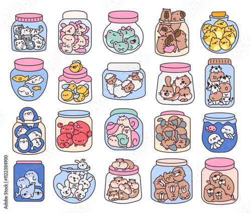 Set of kawaii animal jars cute cartoon characters with antidepressant pills adorable cheerful friendly smiling charming relaxing aquatic joyful creative elements