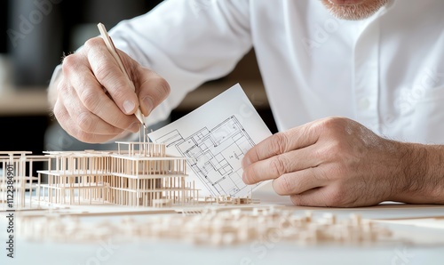 Architect working on a scale model of a modern building, meticulously detailing structures with a pencil and blueprint, capturing the essence of design and creativity in architectu photo