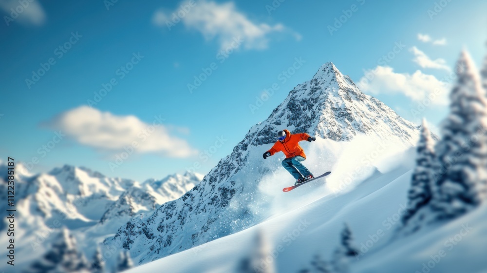 Fototapeta premium Snowboarder Performing Tricks on Fresh Powder in a Stunning Mountain Landscape Under a Bright Sky