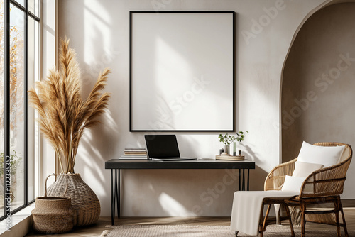 A black blank frame positioned above a chic workspace with a sleek desk, laptop, and minimalist decor