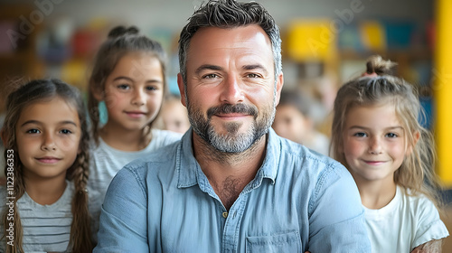 Teacher Smiles with Students, Happy Classroom Joyfully