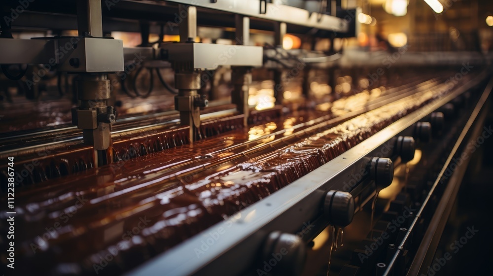 Close-up of a factory conveyor belt with flowing brown liquid, showcasing the industrial process of product manufacturing.