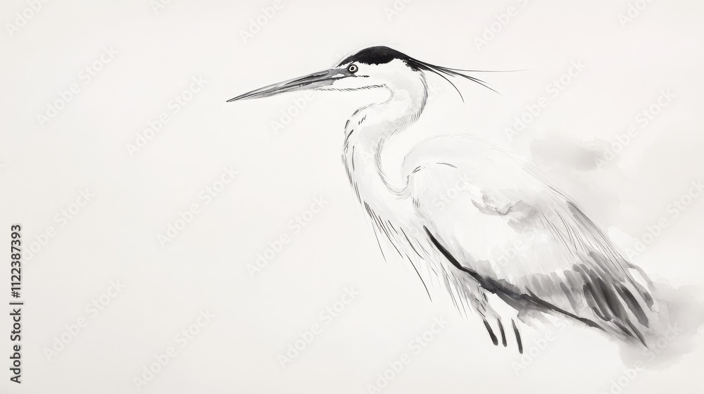 Fototapeta premium Elegant Heron in Japanese Brush Painting Style
