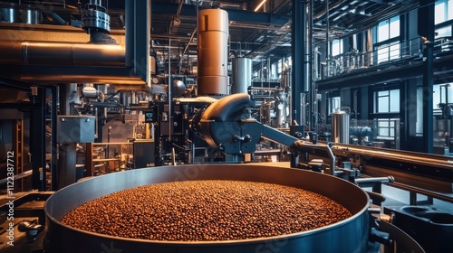 A large commercial-grade coffee roaster processing freshly picked beans, showcasing the industrial-grade components and mechanisms of the roasting machine photo