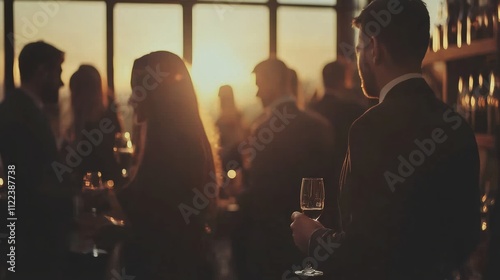 Evening networking event city skyline people socializing luxurious bar vibrant atmosphere