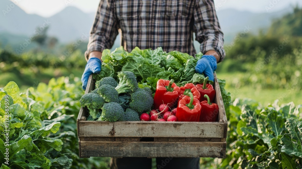 Fototapeta premium Farmer holding a wooden crate of fresh vegetables in a green field