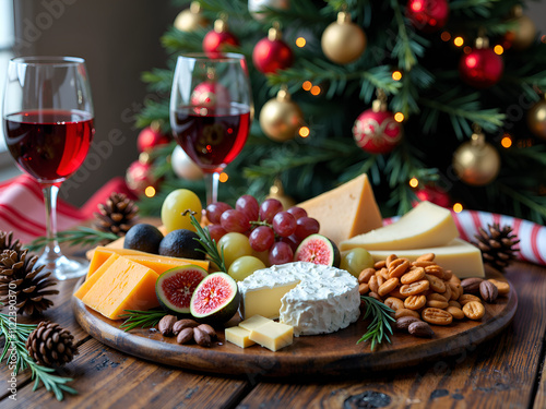 Elegant cheese and wine platter surrounded by christmas cheer and nature s touch, photograph of still life concept. photo