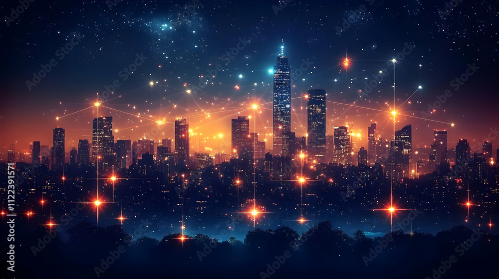 Night Cityscape: Illuminated Skyline, Network Connections, Starry Night Night Cityscape: Illuminated Skyline, Network Connections, Starry Night