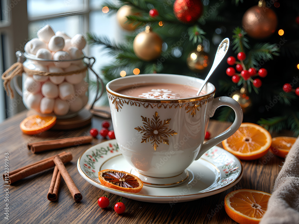 Fototapeta premium A cozy holiday scene featuring a festive cup of hot chocolate with oranges and cinnamon by a christmas tree, photography of still life concept.