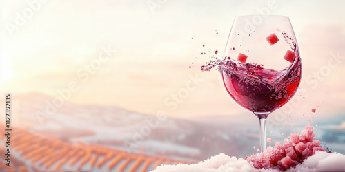 Artistic Wine Glass Scene, Sugar Trails, and Blurred Vineyard Landscape photo