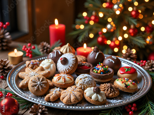 A beautiful array of decorative holiday cookies with a warm christmas atmosphere, photography of still life concept. photo