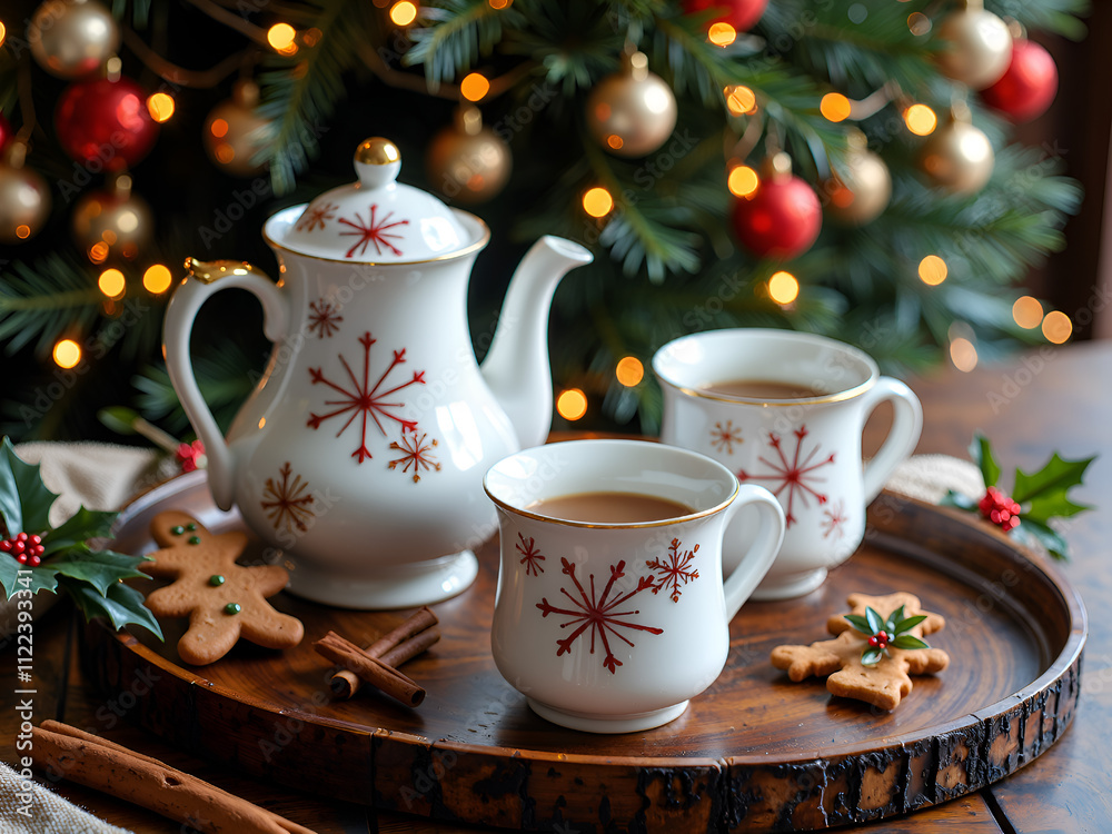 Fototapeta premium Warm festive tea setting with holiday decor and sweet treats on a rustic tray, photography of still life concept.