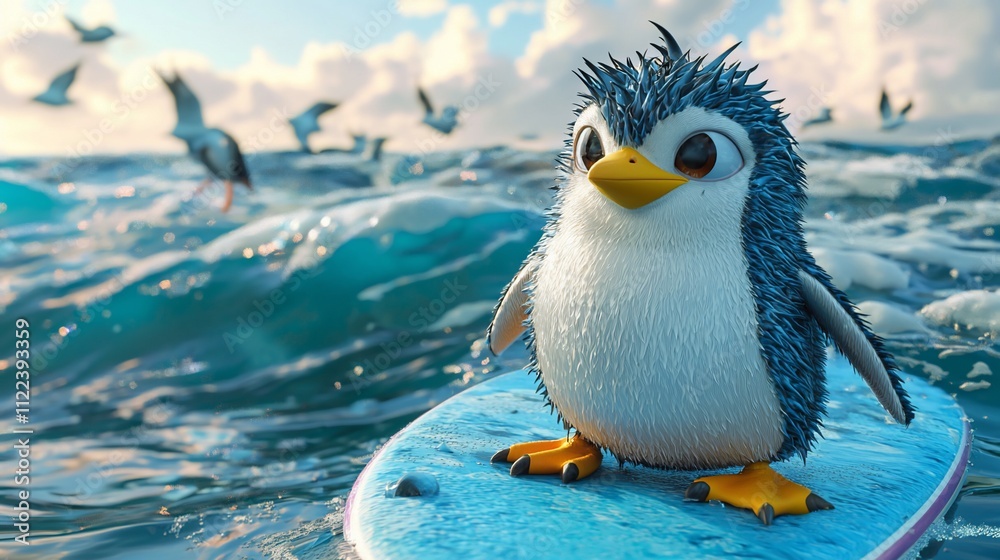 Fototapeta premium Cute penguin surfing ocean waves with seagulls.