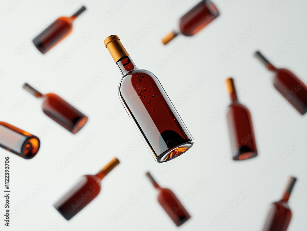 Obraz premium Elegant Wine Bottles Falling Through the Air on a White Background in a Minimalist Product Advertisement Style