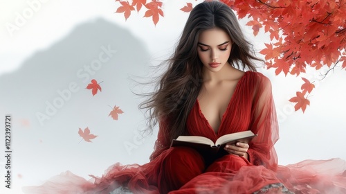 A serene woman with long brown hair in a red vintage peasant dress, sitting beneath a towering maple tree, on a mountain peak with vibrant autumn foliage. Background of Appalachian Mountains 