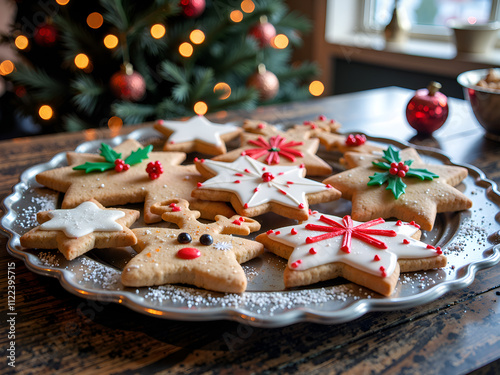 Deliciously decorated holiday cookies arranged on a silver platter beside a christmas tree, photography of still life concept.