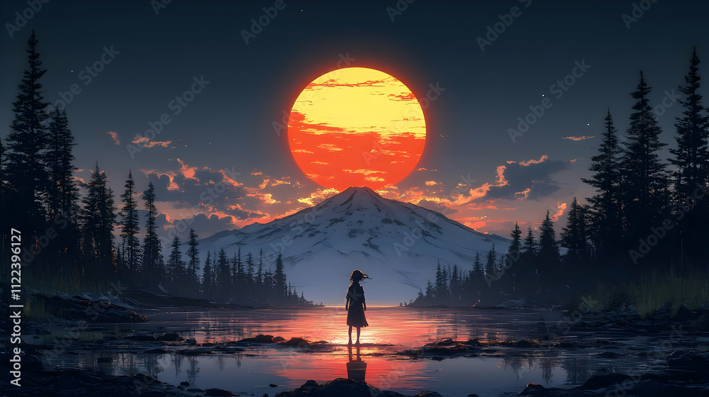 Fototapeta premium Woman Silhouetted Against a Sunset Mountain Landscape