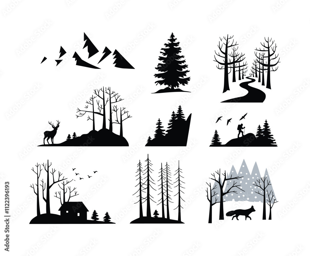 Fototapeta premium Snowy Forest Path Silhouette Collection Vector Template
