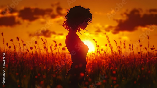 Silhouette Girl in Sunset Field, Golden Hour