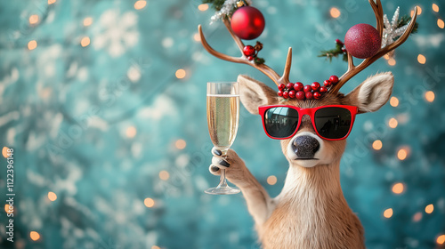 Stylish Whimsical Reindeer Sporting Sunglasses, Champagne Glass, and Holiday Decor on Antlers for a Fun and Festive Christmas Look photo