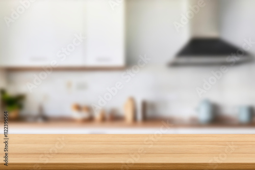 Kitchen wood table top for product display with blurred modern interior. Wooden tabletop over defocused kitchen background. kitchen furniture and desk space. product promotion in the kitchen
