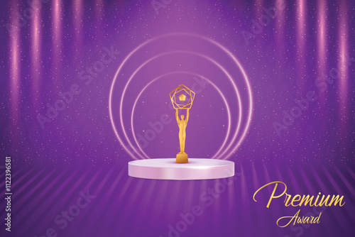 Premium Award On Podium With Beam Lights Falling On Purple Background. Royal Ethnic Theme Elements Concept Design Vector Illustration For Grand Music Concert, Movie, Party, Festival Celebration Etc.
