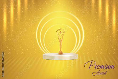 Premium Award On Podium With Beam Lights Falling On Yellow Background. Royal Ethnic Theme Elements Concept Design Vector Illustration For Grand Music Concert, Movie, Party, Festival Celebration Etc.
