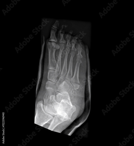 x-ray of foot fractured metatarsal bone. roken foot, oblique view, show fracture of 1th metatarsal bone. radiography, medical diagnostics, traumatology and orthopedics, rheumatology