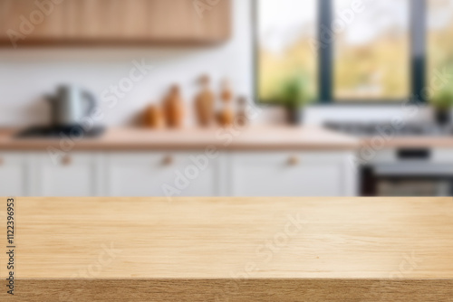 Kitchen wood table top for product display with blurred modern interior. Wooden tabletop over defocused kitchen background. kitchen furniture and desk space. product promotion in the kitchen