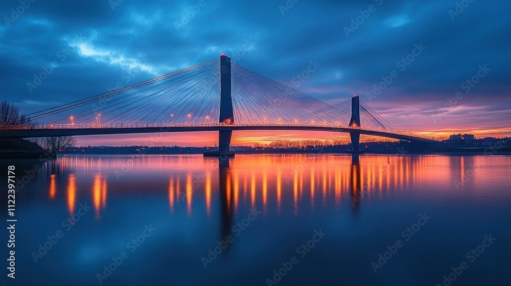 Obraz premium Sunrise over cable-stayed bridge reflecting on calm water.
