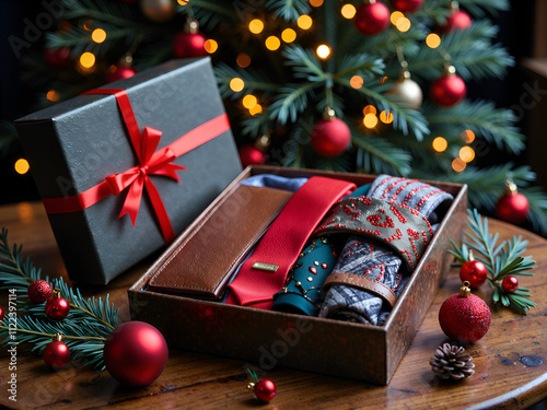 Elegant holiday gift box with ties and accessories surrounded by festive decorations, photography of still life concept.