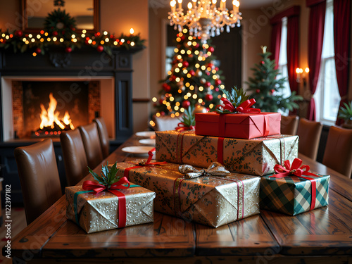 Warm and inviting holiday room with gifts and decor under a sparkling christmas tree, photography of interior design concept. photo