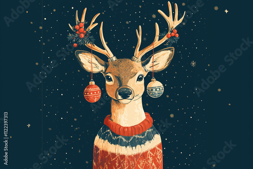 Cute 2D Illustration of Deer with Christmas Sweater and Ornaments Hanging from Antlers photo