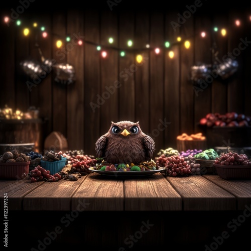 A grumpy owl sits on a plate of colorful treats on a wooden table, decorated with fairy lights and various food items. photo