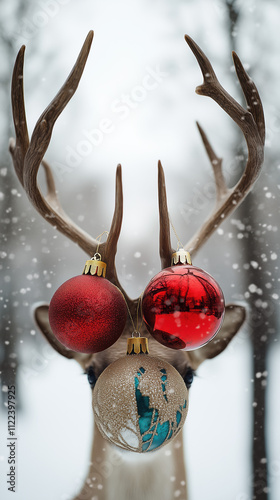 Magical Reindeer with Christmas Ornaments on Antlers, Creating a Joyful Christmas Atmosphere, Ideal for Holiday Cards and Winter Celebrations. photo