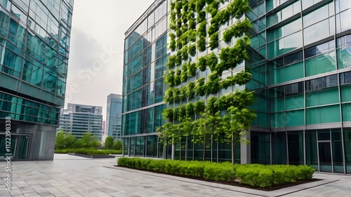 Corporate ESG reporting and nature awareness concept with green elements and business buildings. Copy space for text. photo