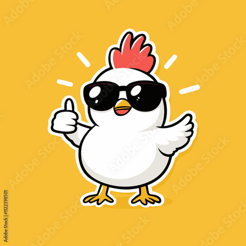 Cartoon white chicken with sparkling eyes, yellow feet, thumbs-up, sunglasses, flat vector style