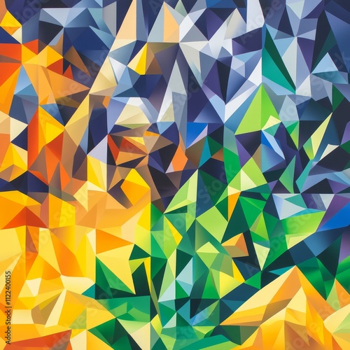 Abstract geometric artwork with vibrant colors and triangular shapes.