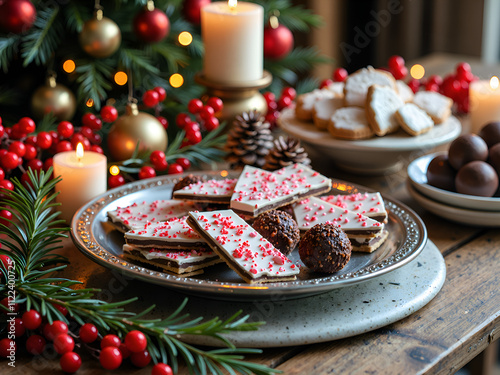 Delightful array of christmas treats enveloped in warm holiday glow, photography of still life concept. photo