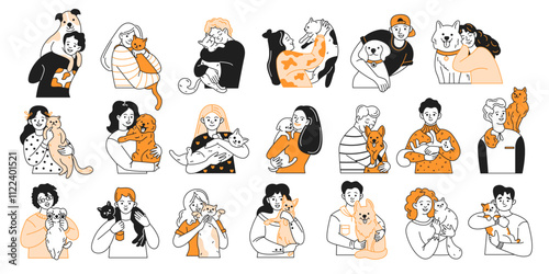 Happy owners embracing beloved pets color linear icons collection. People hugging cats and dogs expressing love and care on white background