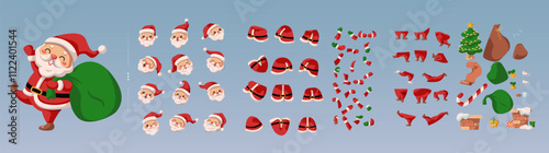 Santa Claus various poses constructor color vector illustration set. Christmas celebration Saint Nicolas character design on blue background