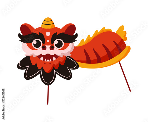 Chinese dragon puppet celebrating lunar New Year flat color vector object. Asian mythical creature bringing good luck illustration on white