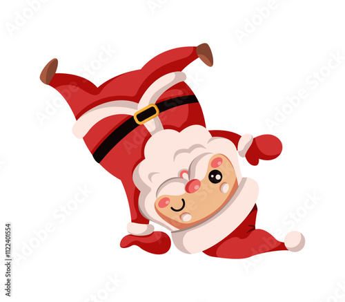 Funny Santa Claus performing playful handstand flat color vector character. Saint Nicolas winking upside down illustration on white